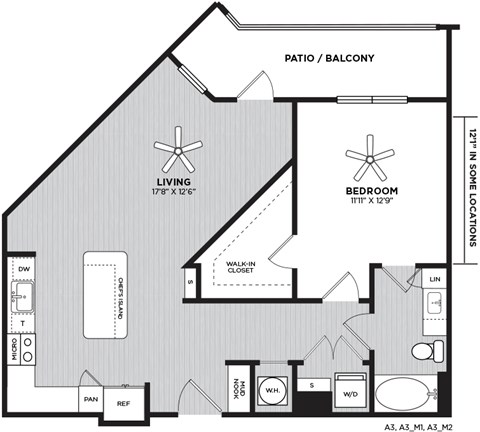 Floor plan for 1 bed, 1 bath, 864 sqft