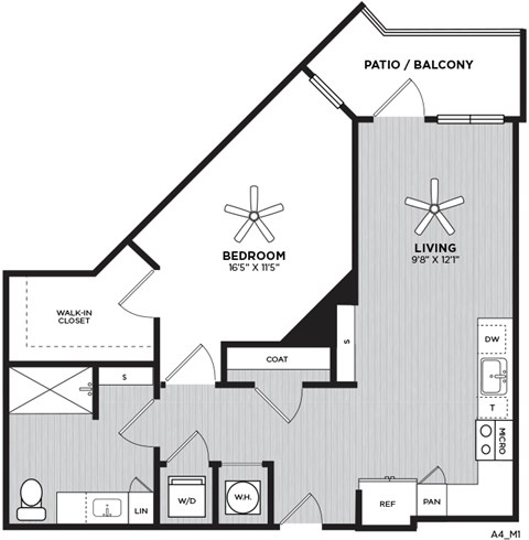 Floor plan for 1 bed, 1 bath, 736 sqft