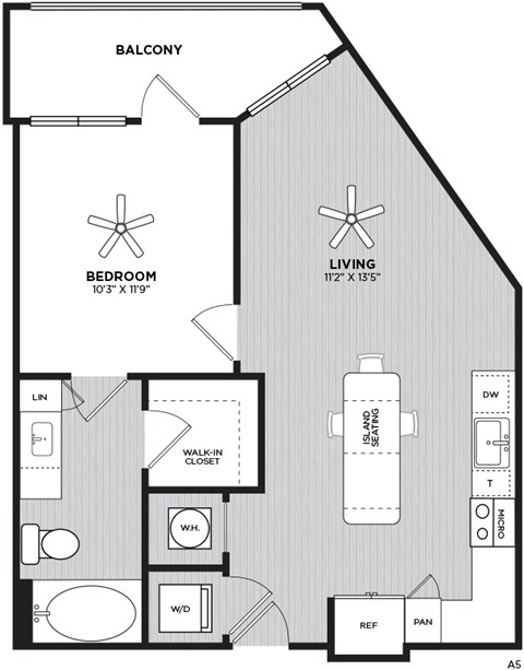 Floor plan for 1 bed, 1 bath, 619 sqft