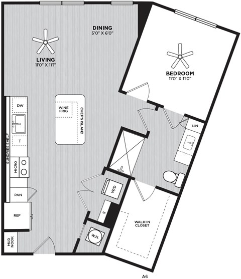 Floor plan for 1 bed, 1 bath, 747 sqft