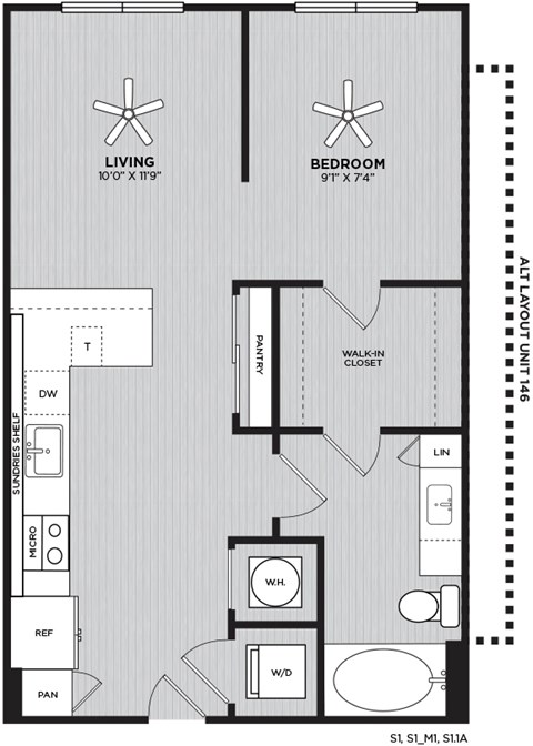 Floor plan for studio, 1 bath, 621 sqft