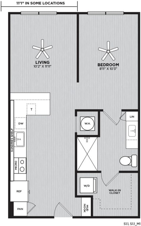 Floor plan for studio, 1 bath, 625 sqft