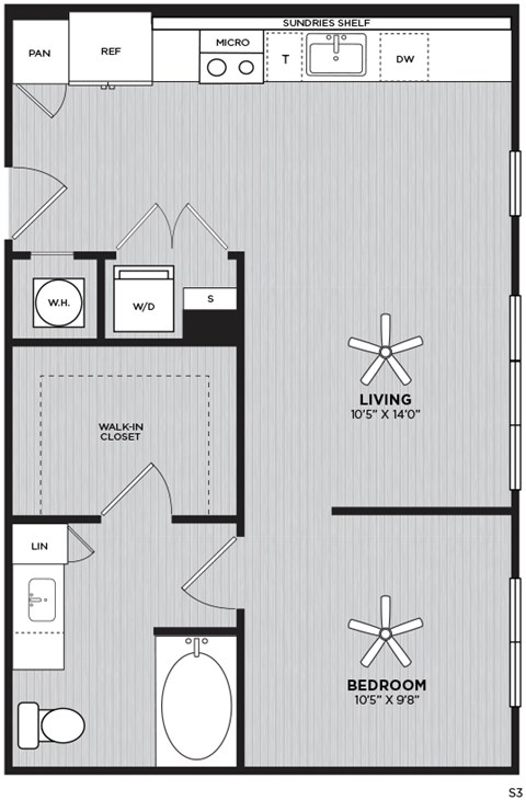 Floor plan for studio, 1 bath, 594 sqft