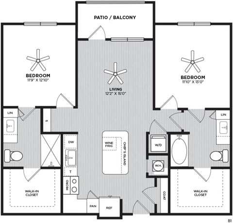 Floor plan for 2 beds, 2 baths, 1125 sqft
