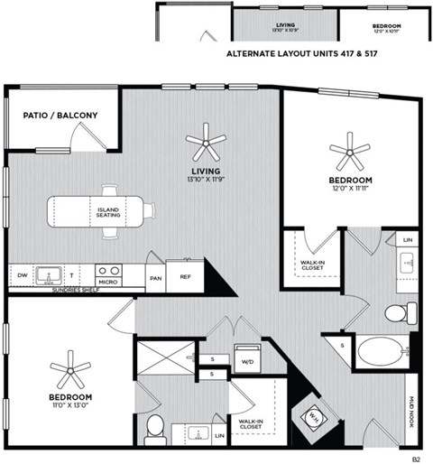 Floor plan for 2 beds, 2 baths, 1121 sqft