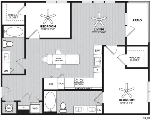 Floor plan for 2 beds, 2 baths, 992 sqft