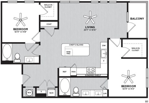 Floor plan for 2 beds, 2 baths, 1109 sqft