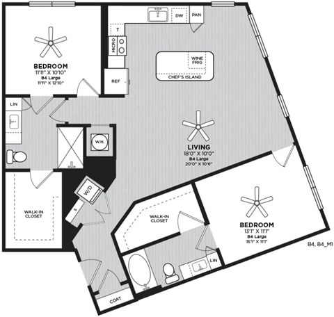 Floor plan for 2 beds, 2 baths, 1212 sqft