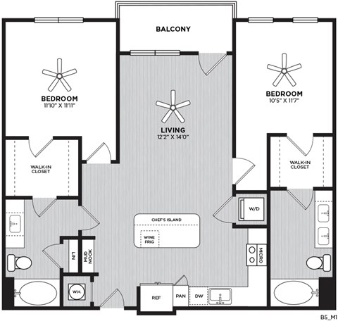 Floor plan for 2 beds, 2 baths, 1067 sqft