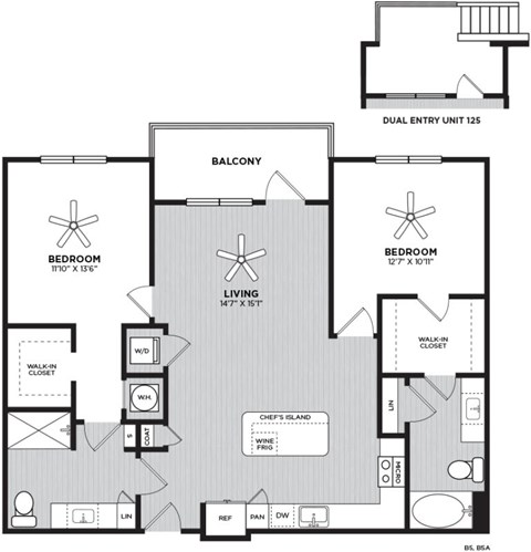 Floor plan for 2 beds, 2 baths, 1200 sqft