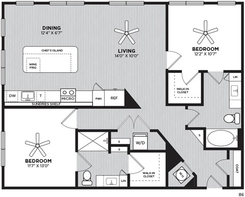 Floor plan for 2 beds, 2 baths, 1214 sqft