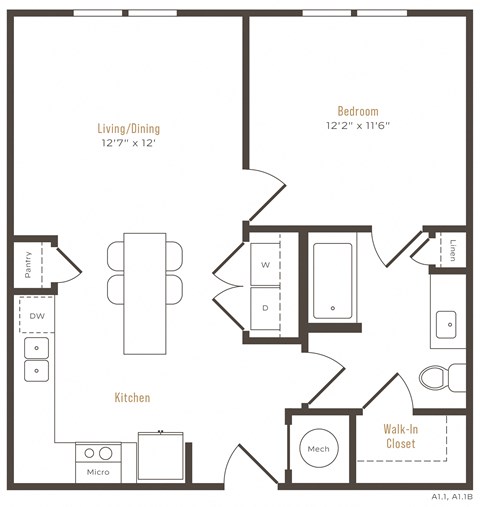 Floor plan for 1 bed, 1 bath, 681 sqft