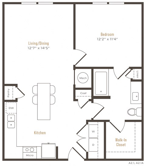 Floor plan for 1 bed, 1 bath, 749 sqft