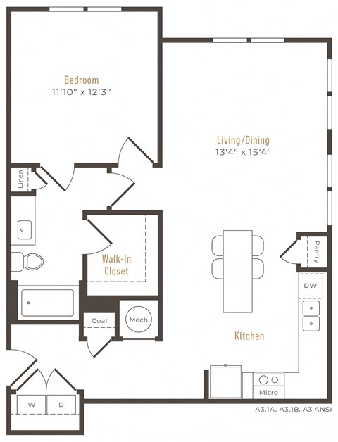 Floor plan for 1 bed, 1 bath, 836 sqft