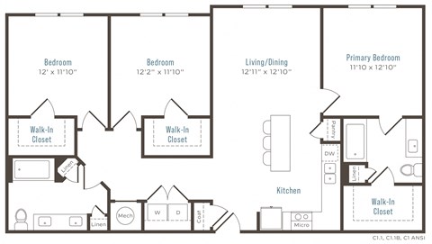 Floor plan for 3 beds, 2 baths, 1367 sqft