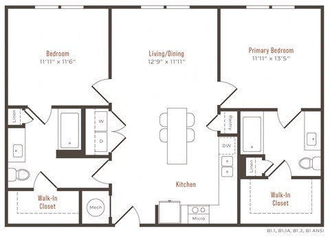Floor plan for 2 beds, 2 baths, 1025 sqft