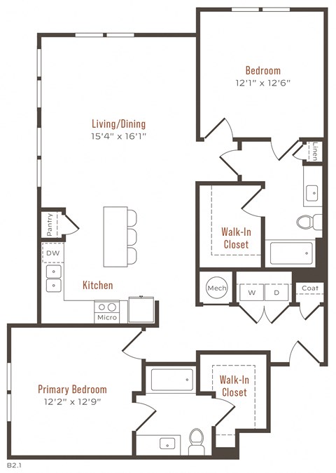 Floor plan for 2 beds, 2 baths, 1226 sqft