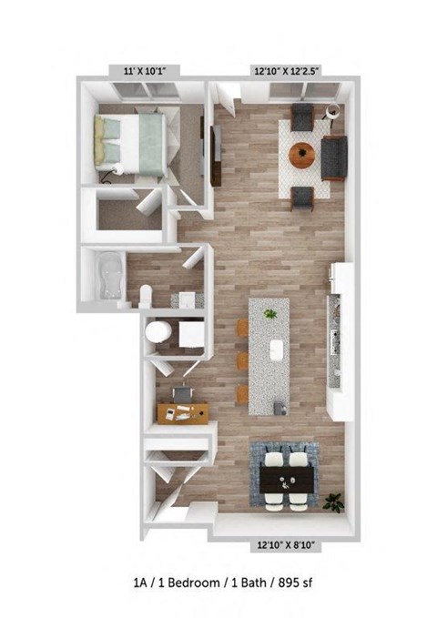 Floor plan for 1 bed, 1 bath, 895 sqft