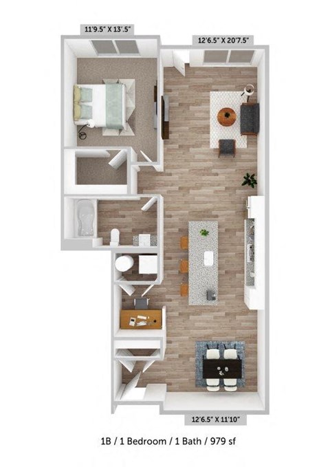 Floor plan for 1 bed, 1 bath, 979 sqft