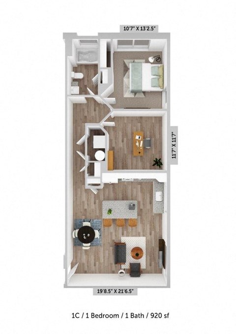 Floor plan for 1 bed, 1 bath, 920 sqft