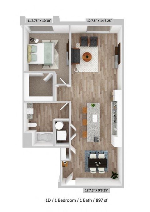 Floor plan for 1 bed, 1 bath, 897 sqft