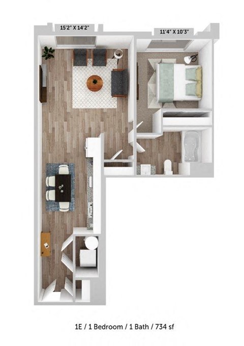 Floor plan for 1 bed, 1 bath, 734 sqft