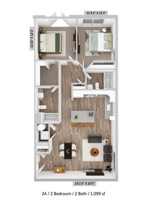 Floor plan for 2 beds, 2 baths, 1099 sqft