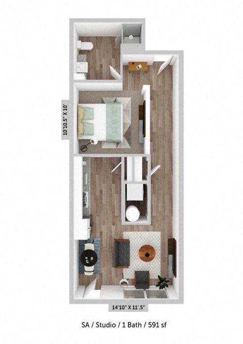 Floor plan for studio, 1 bath, 591 sqft