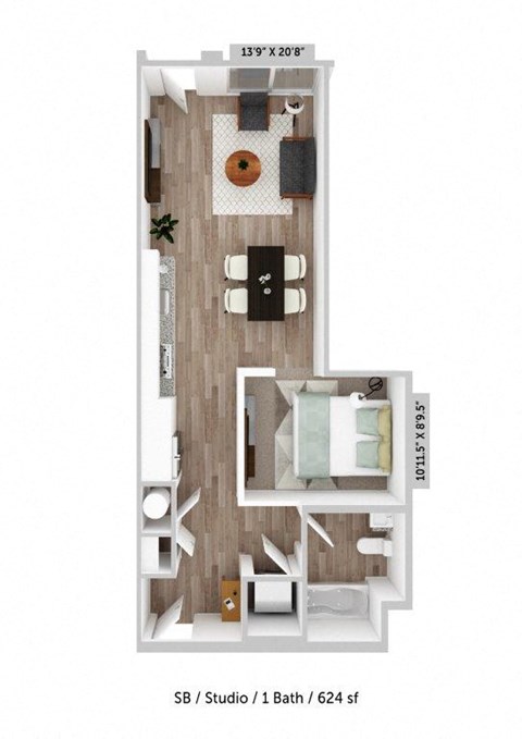 Floor plan for studio, 1 bath, 624 sqft
