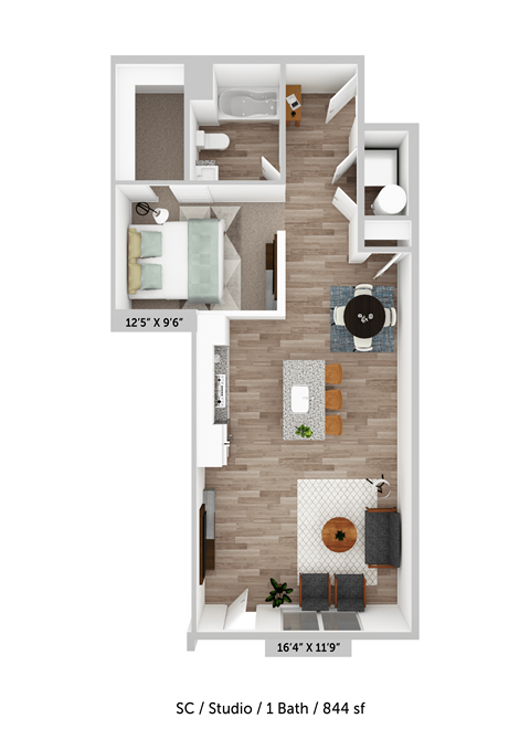 Floor plan for studio, 1 bath, 844 sqft