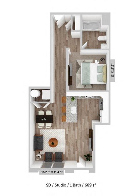 Floor plan for studio, 1 bath, 689 sqft