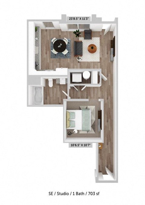 Floor plan for studio, 1 bath, 703 sqft