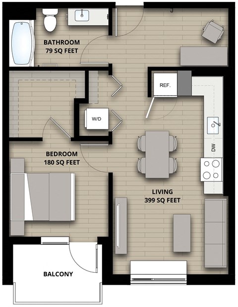 Floor plan for 1 bed, 1 bath, 658 sqft