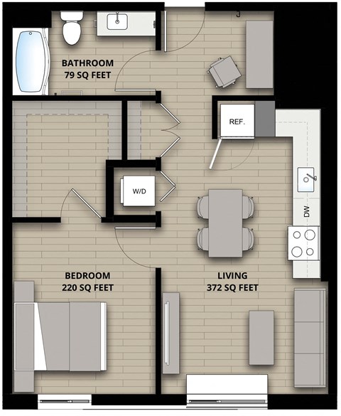 Floor plan for 1 bed, 1 bath, 671 sqft