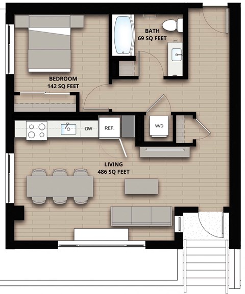Floor plan for 1 bed, 1 bath, 697 sqft