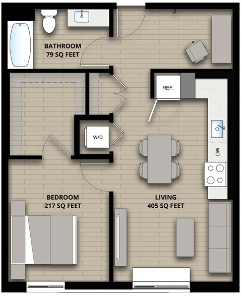Floor plan for 1 bed, 1 bath, 701 sqft