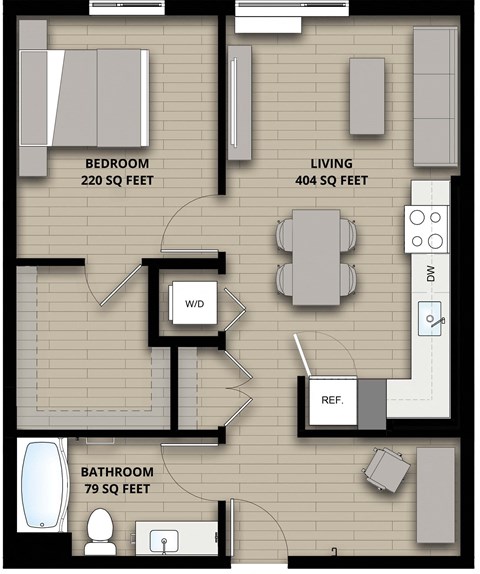 Floor plan for 1 bed, 1 bath, 703 sqft