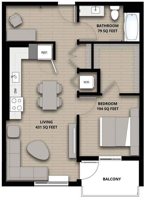 Floor plan for 1 bed, 1 bath, 704 sqft