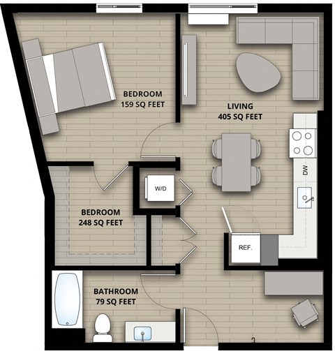 Floor plan for 1 bed, 1 bath, 732 sqft