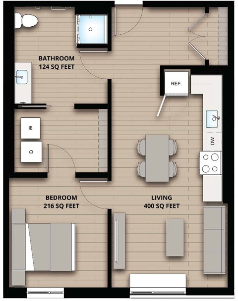 Floor plan for 1 bed, 1 bath, 740 sqft