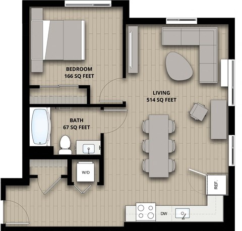 Floor plan for 1 bed, 1 bath, 747 sqft