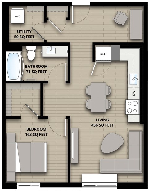 Floor plan for 1 bed, 1 bath, 810 sqft