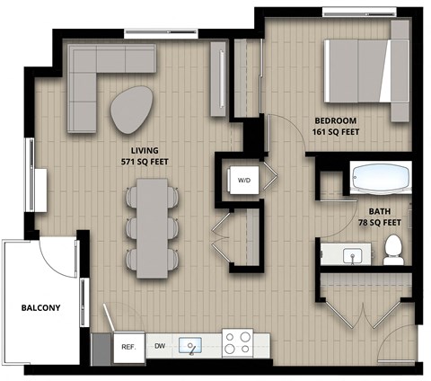 Floor plan for 1 bed, 1 bath, 810 sqft
