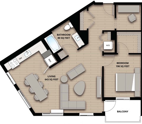Floor plan for 1 bed, 1 bath, 913 sqft