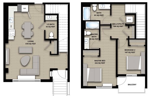 Floor plan for 2 beds, 2.5 baths, 1292 sqft