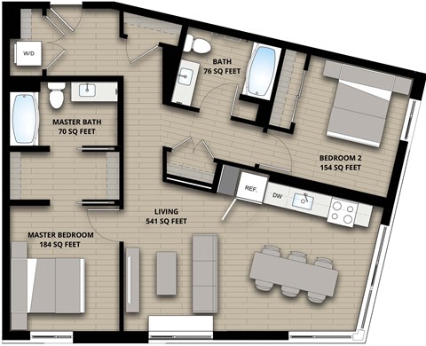 Floor plan for 2 beds, 2 baths, 1025 sqft