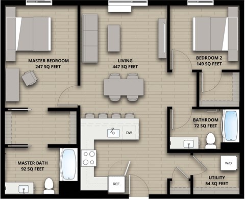 Floor plan for 2 beds, 2 baths, 1061 sqft