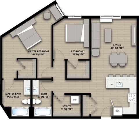 Floor plan for 2 beds, 2 baths, 1086 sqft