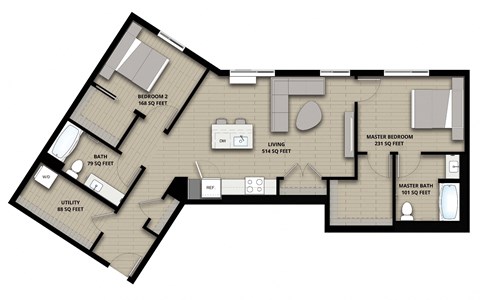 Floor plan for 2 beds, 2 baths, 1180 sqft
