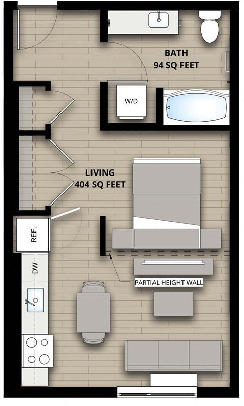 Floor plan for studio, 1 bath, 498 sqft